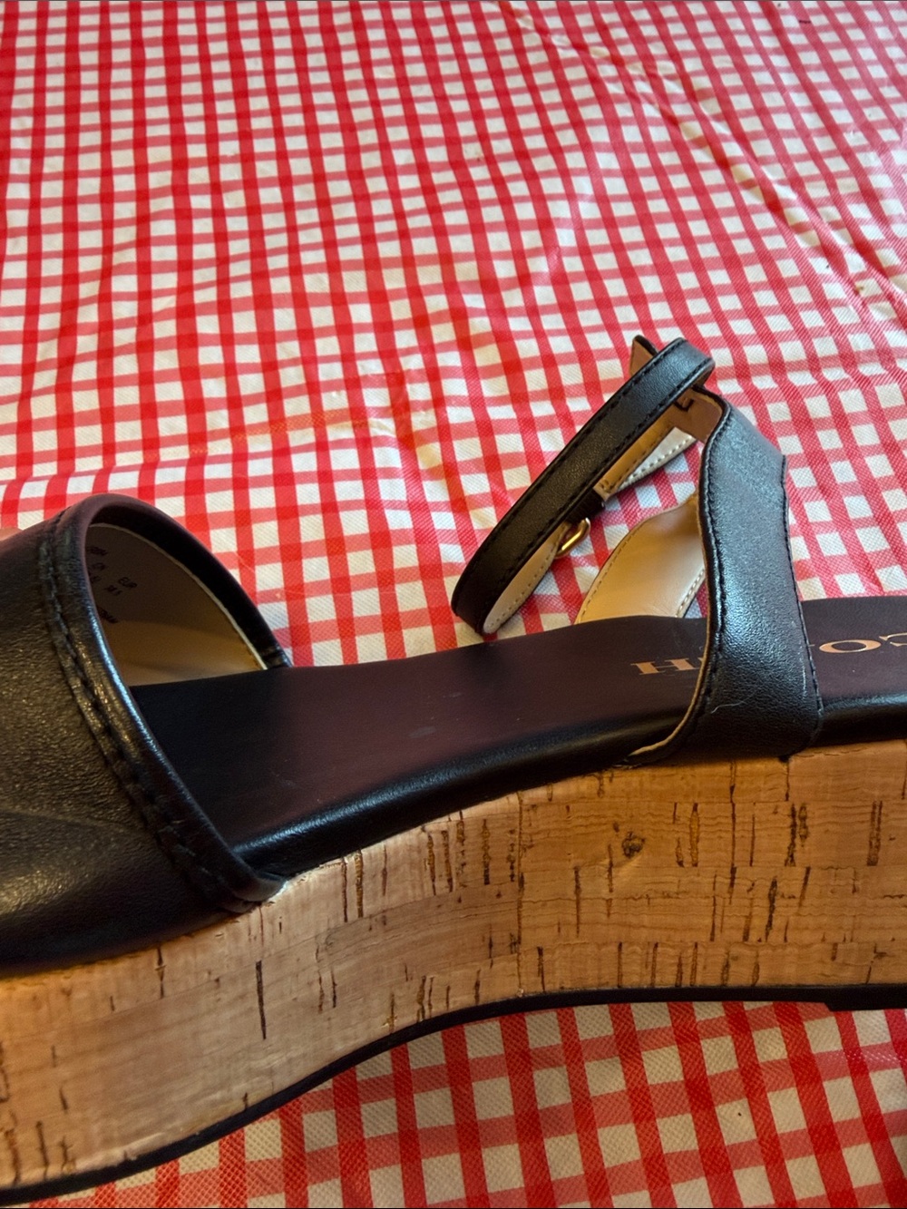 COACH size 8 Black Leather Cork Wedge Sandals with Ankle Strap - Picture 8 of 8